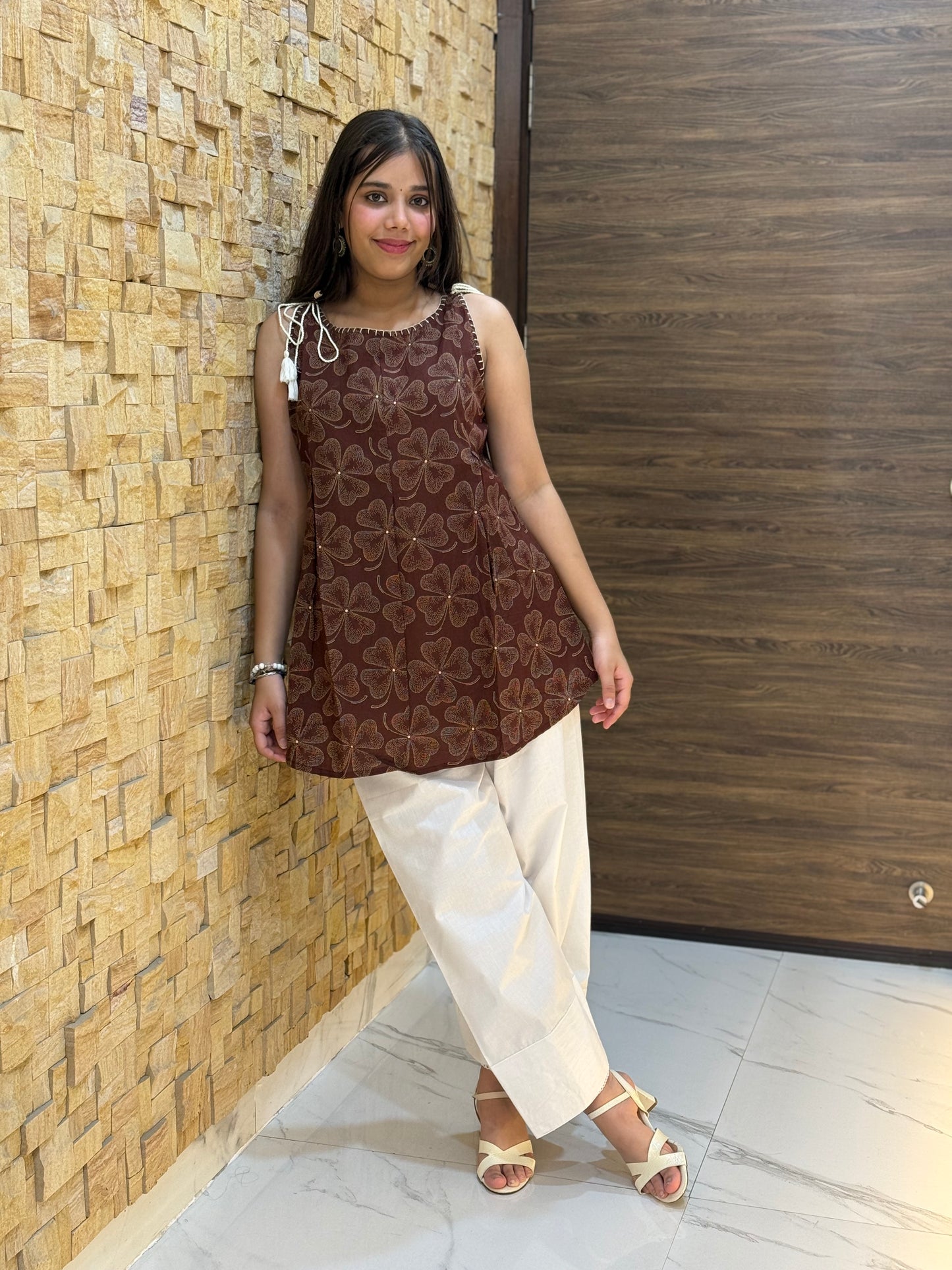 Brown Floral Print Sleeveless Short Kurti with Tie-knot details