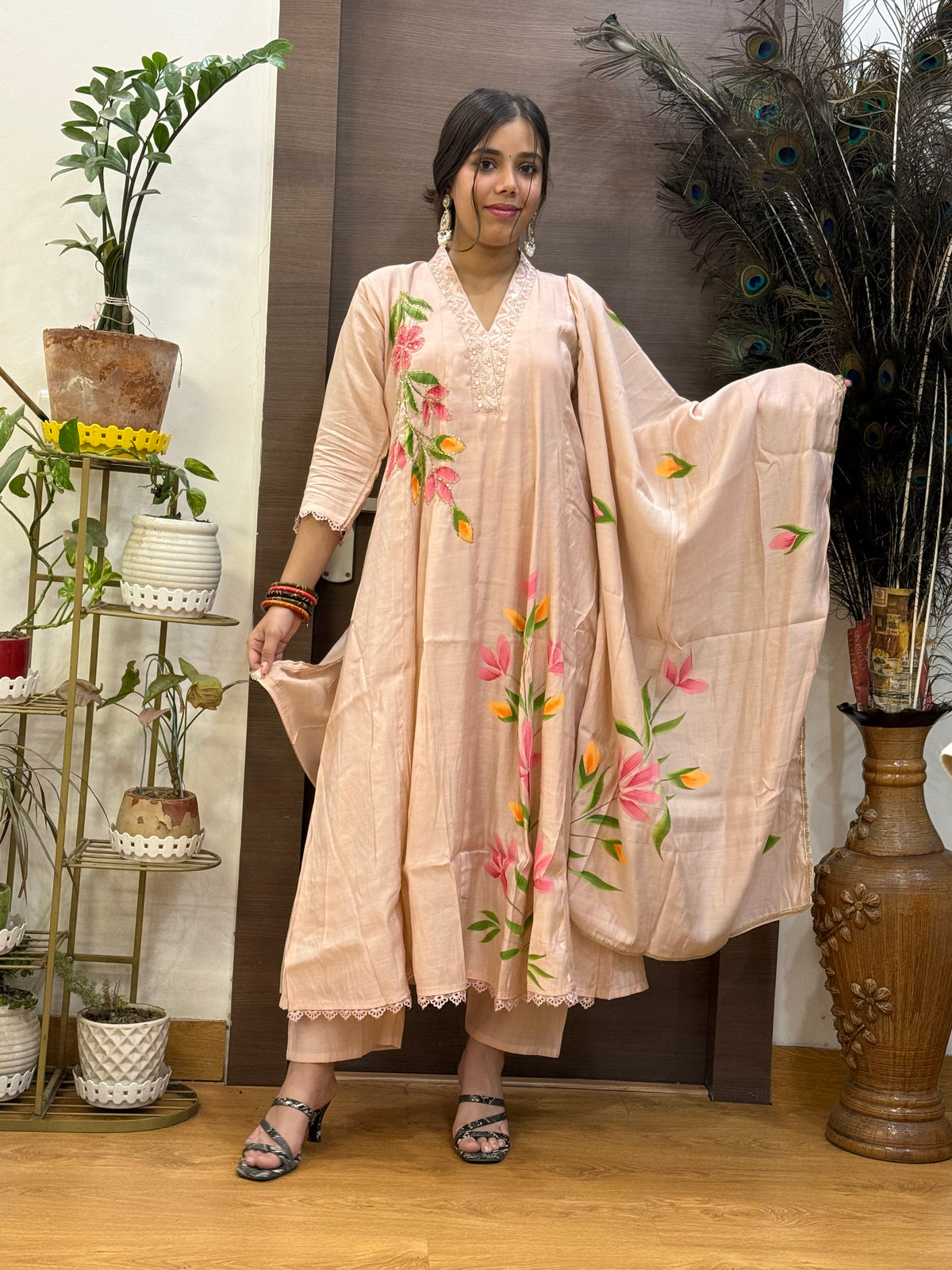 Dusty Pink Mal Chanderi Hand Painted Aline Dupatta Suit Set