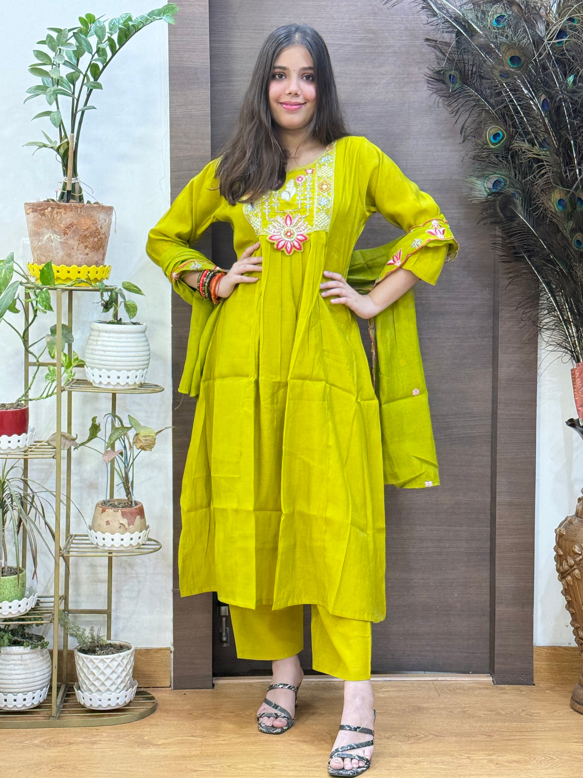 Green Mal Chanderi Aline Dupatta Suit Set