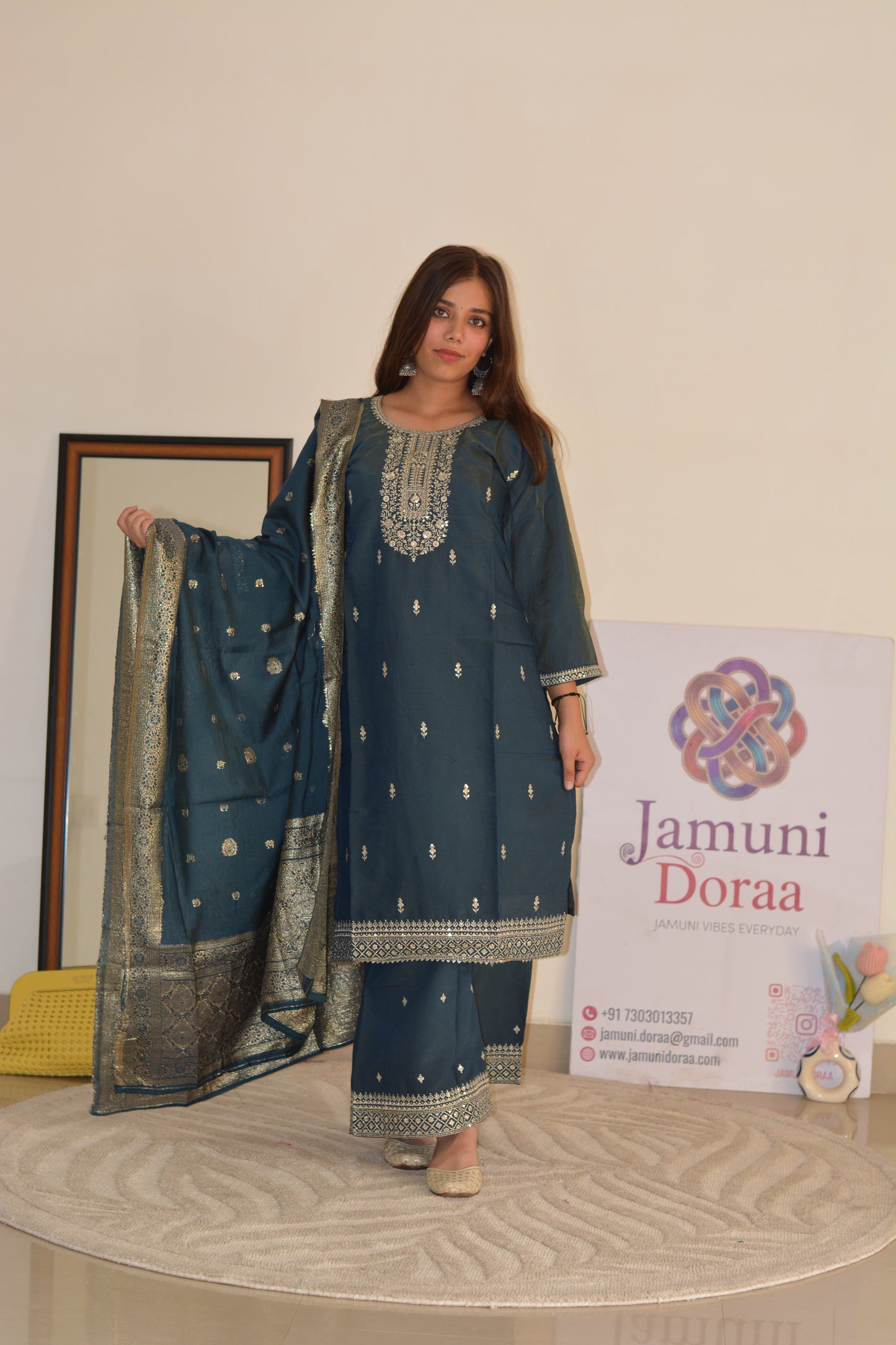 Teal Shimmer Silk Palazzo Set with Banarasi Dupatta