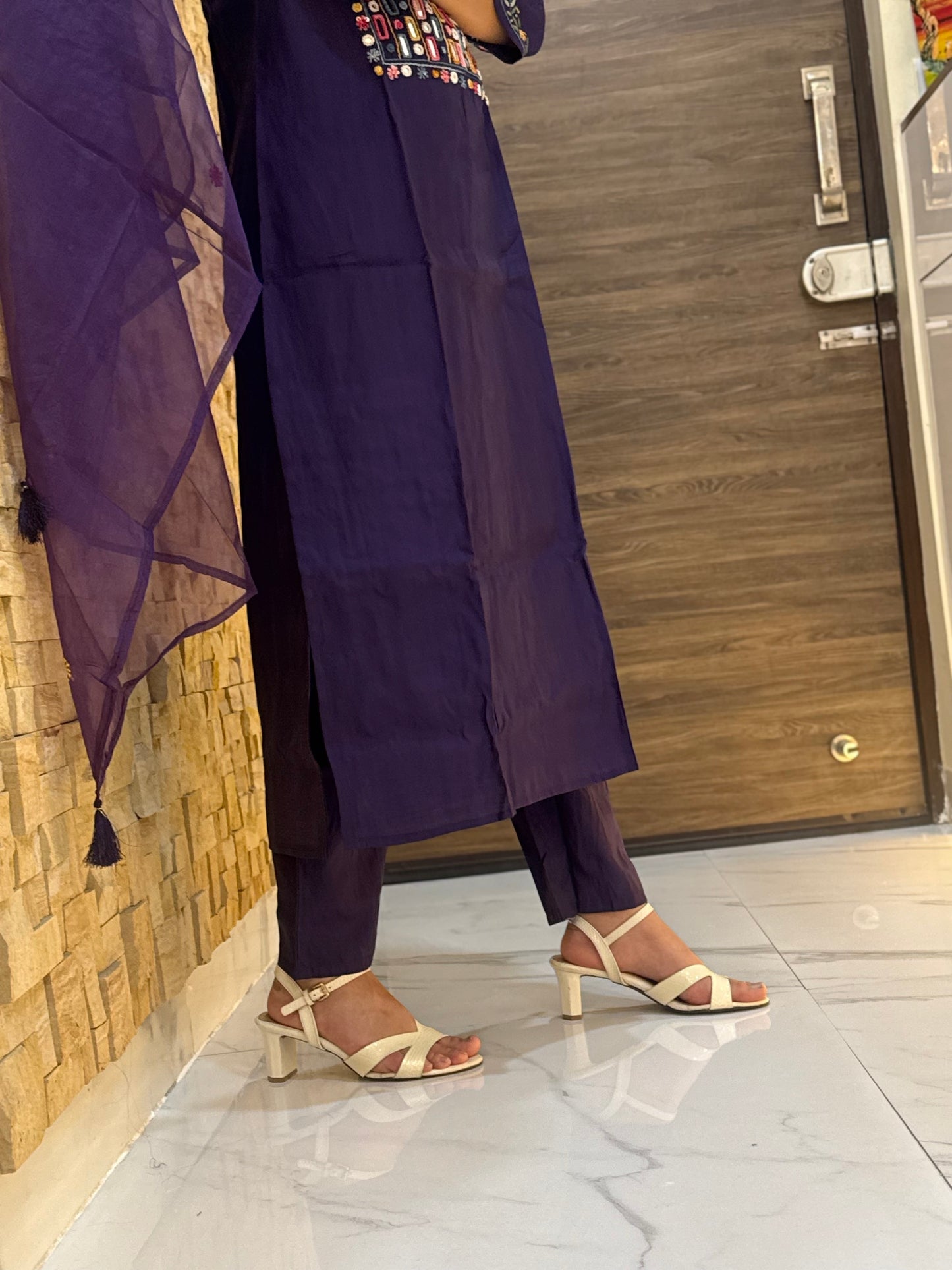 Purple Kantha Embroidery Silk with Dupatta Suit Set