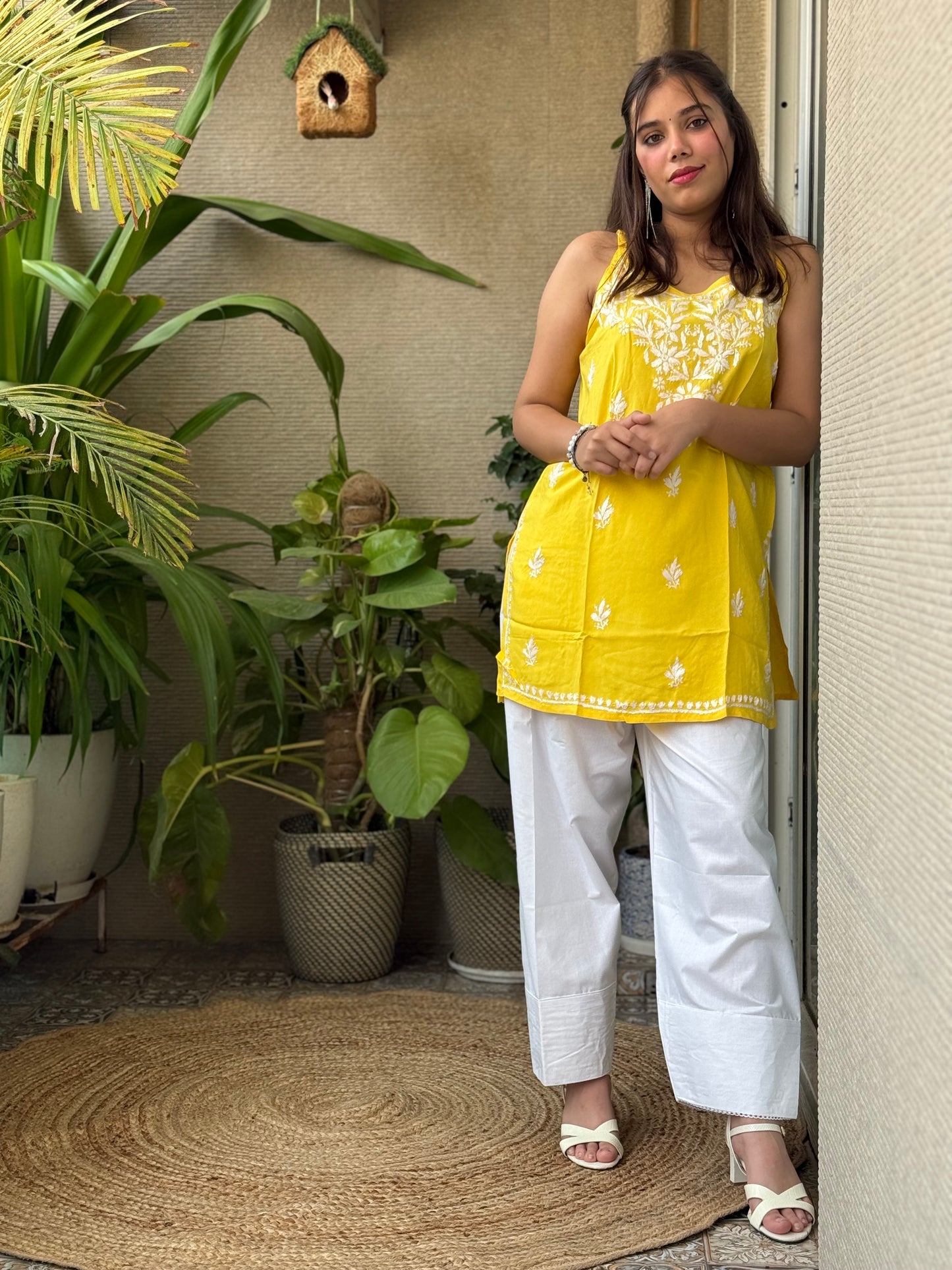 Yellow Noodle Strap Chikankari Short Kurti