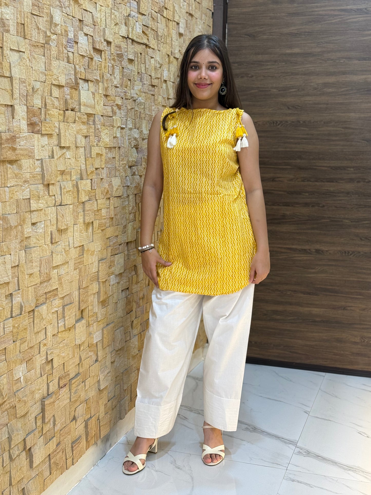 Yellow geometric Print with Tie-knot details Short Kurti