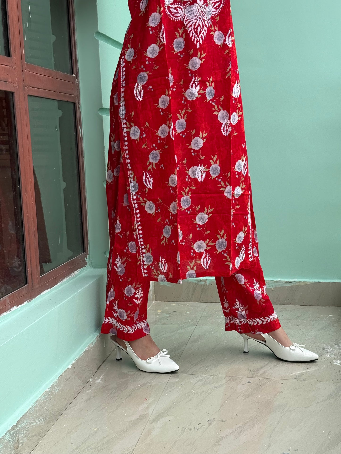 Red Chikankari Malmal Co Ord Set
