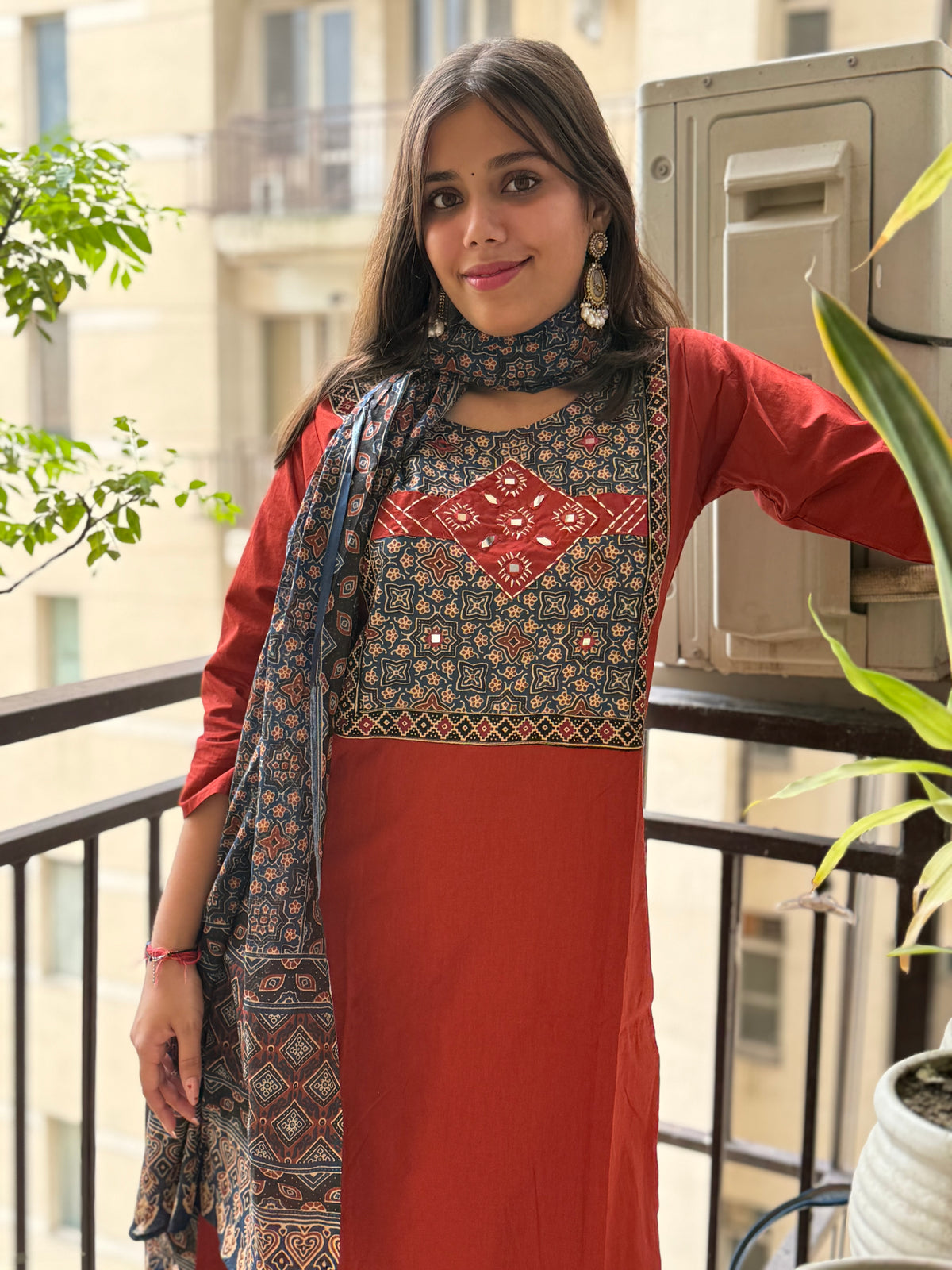 Rust Cotton Ajrakh Dupatta Suit Set