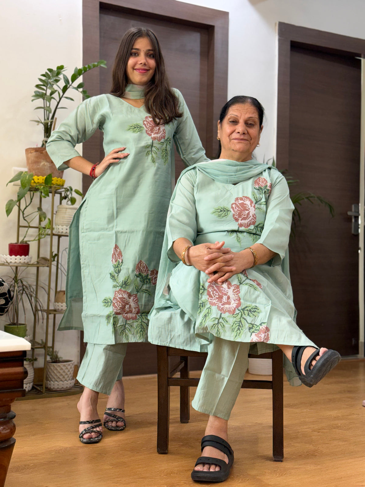 Sage Green Silk Sindhi Embroidery Dupatta Suit Set
