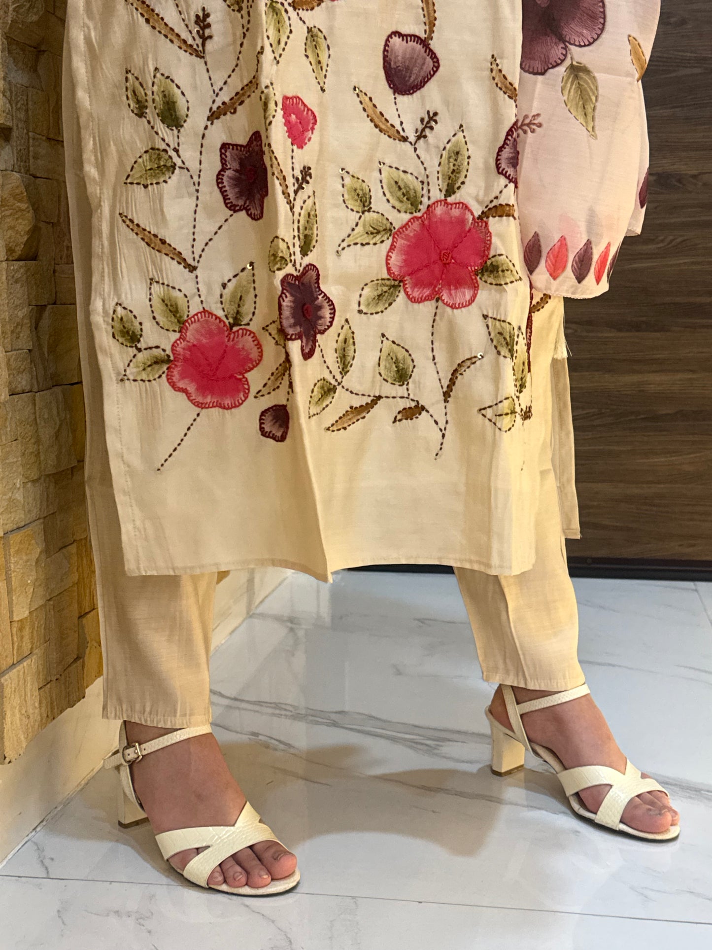 Beige Kantha Embroidery Silk with Dupatta Suit Set