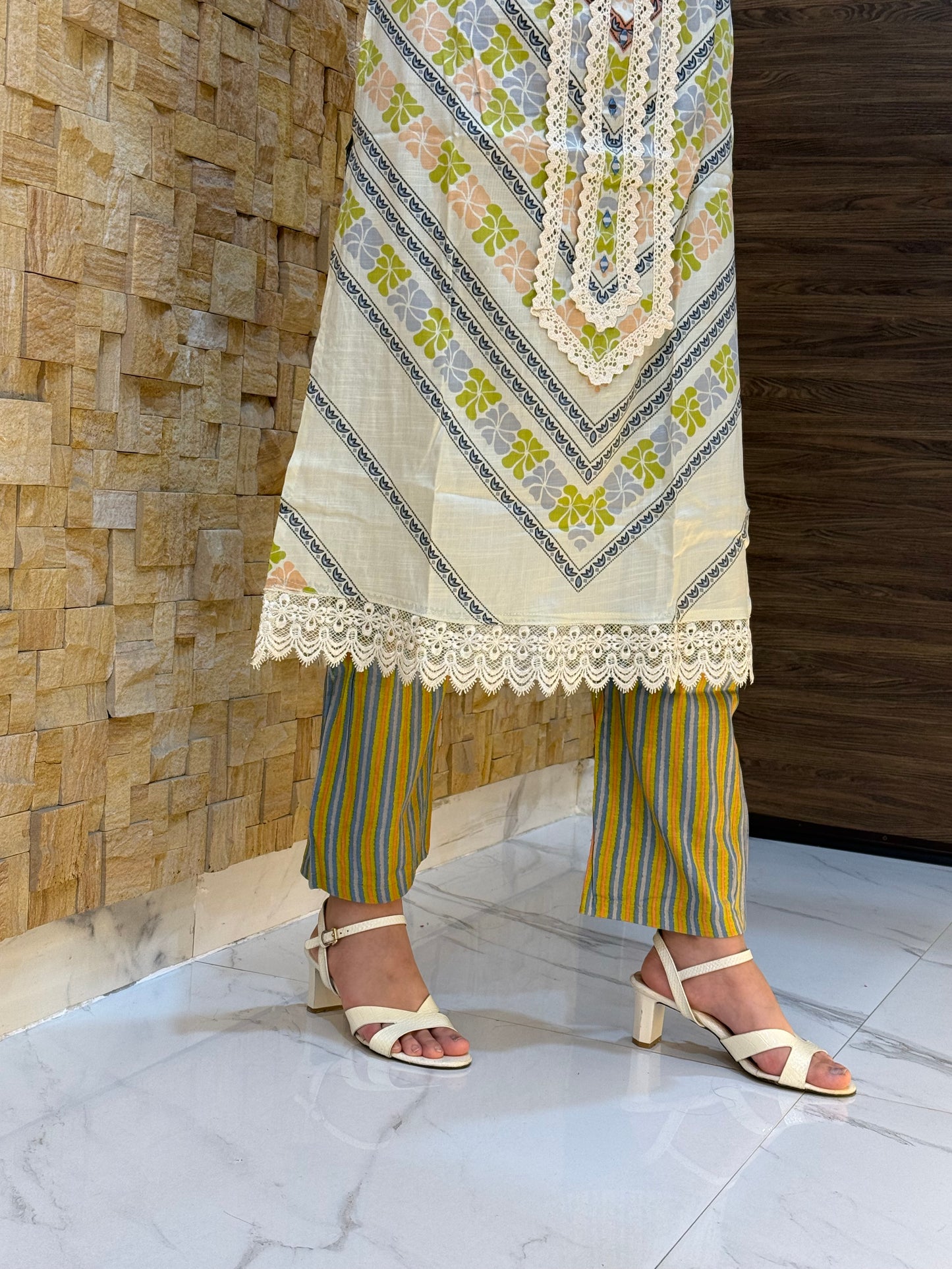 Beige and green Digital Print Cotton Suit Set