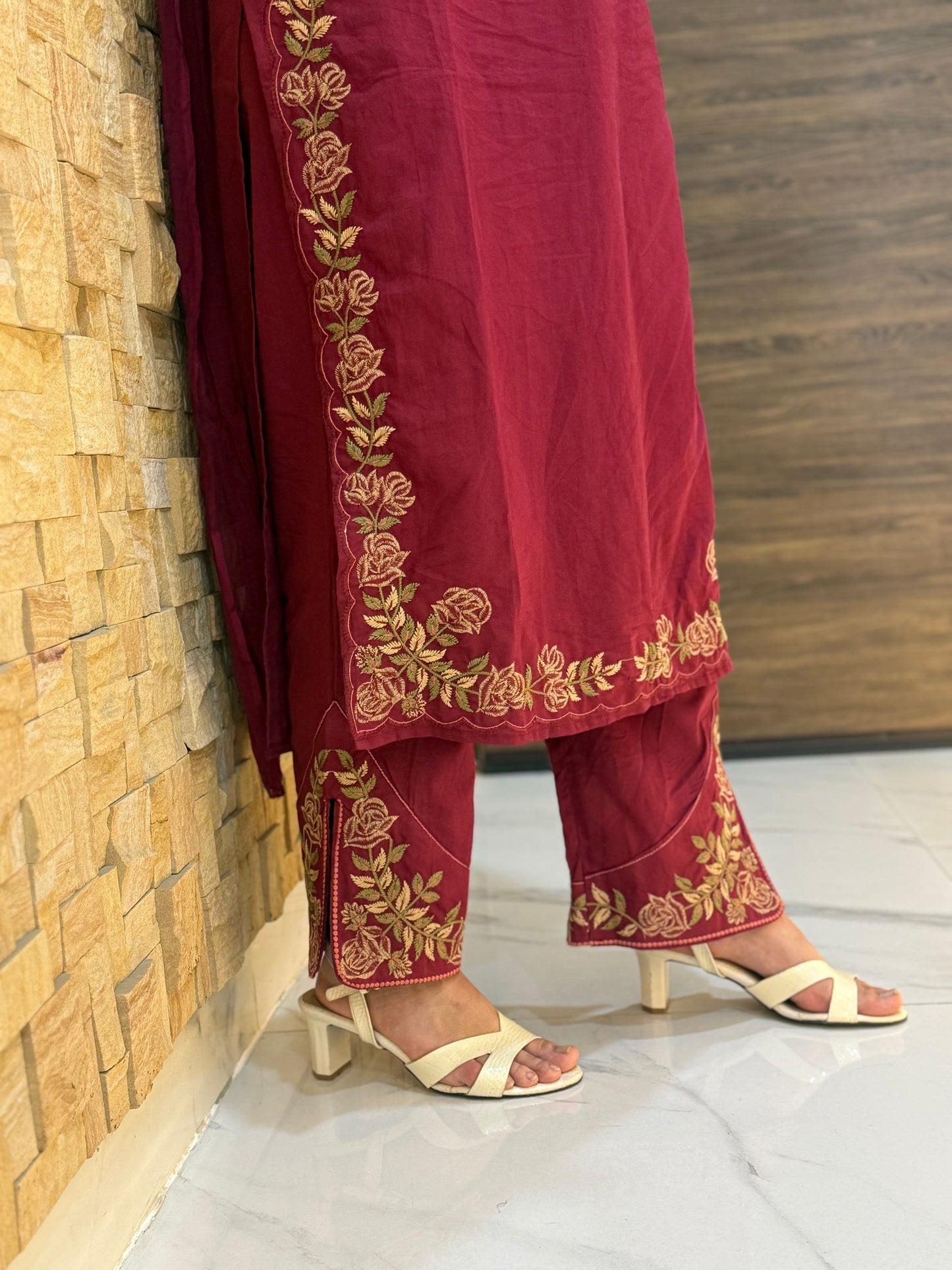 Maroon Pure Cotton Embroidery with Mal Dupatta Suit Set