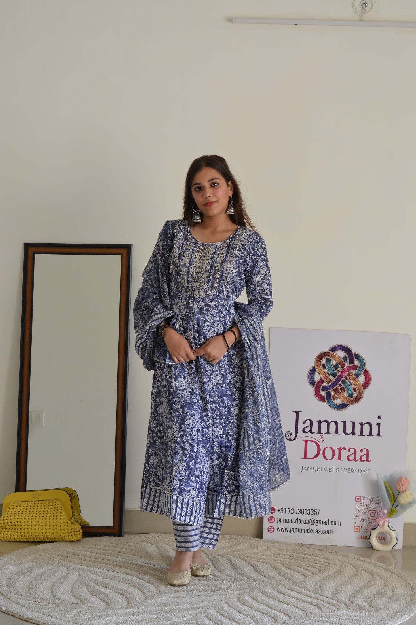 Blue Cotton Anarkali Style With Dupatta Suit Set