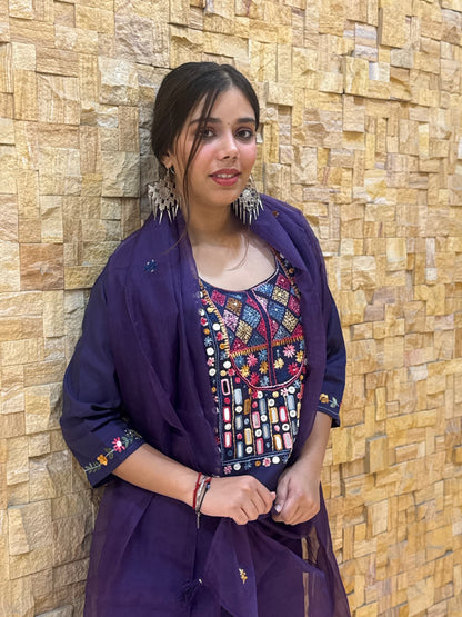 Purple Kantha Embroidery Silk with Dupatta Suit Set