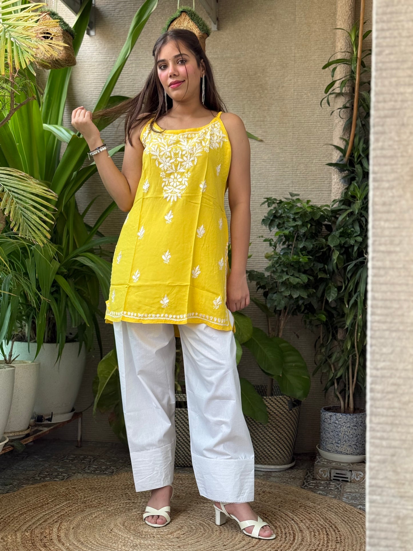 Yellow Noodle Strap Chikankari Short Kurti