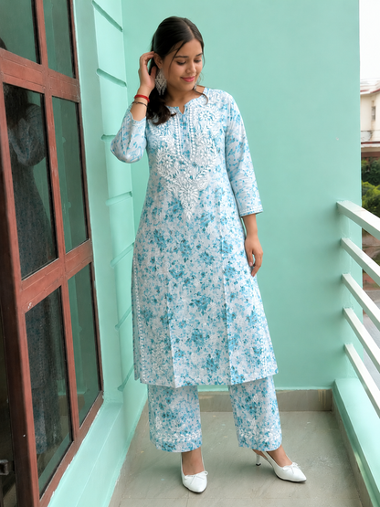 Sea Green Chikankari Malmal Co Ord Set
