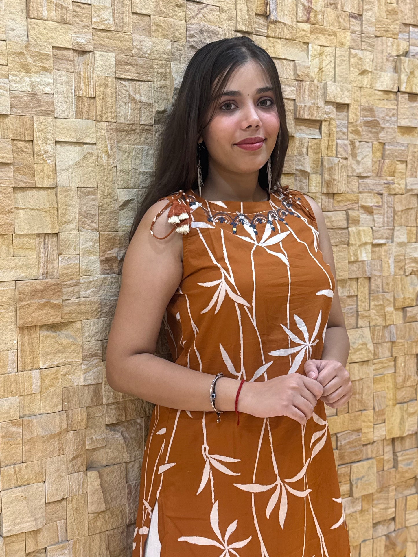 Rust Leaf Print Sleeveless Cotton with Tie-Knot details Kurti