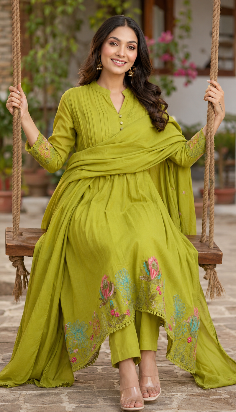 Green Mal Cotton Anarkali Style with Mal Dupatta Suit Set