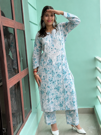 Sea Green Chikankari Malmal Co Ord Set