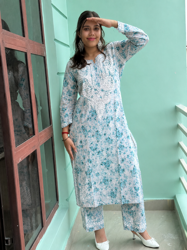 Sea Green Chikankari Malmal Co Ord Set