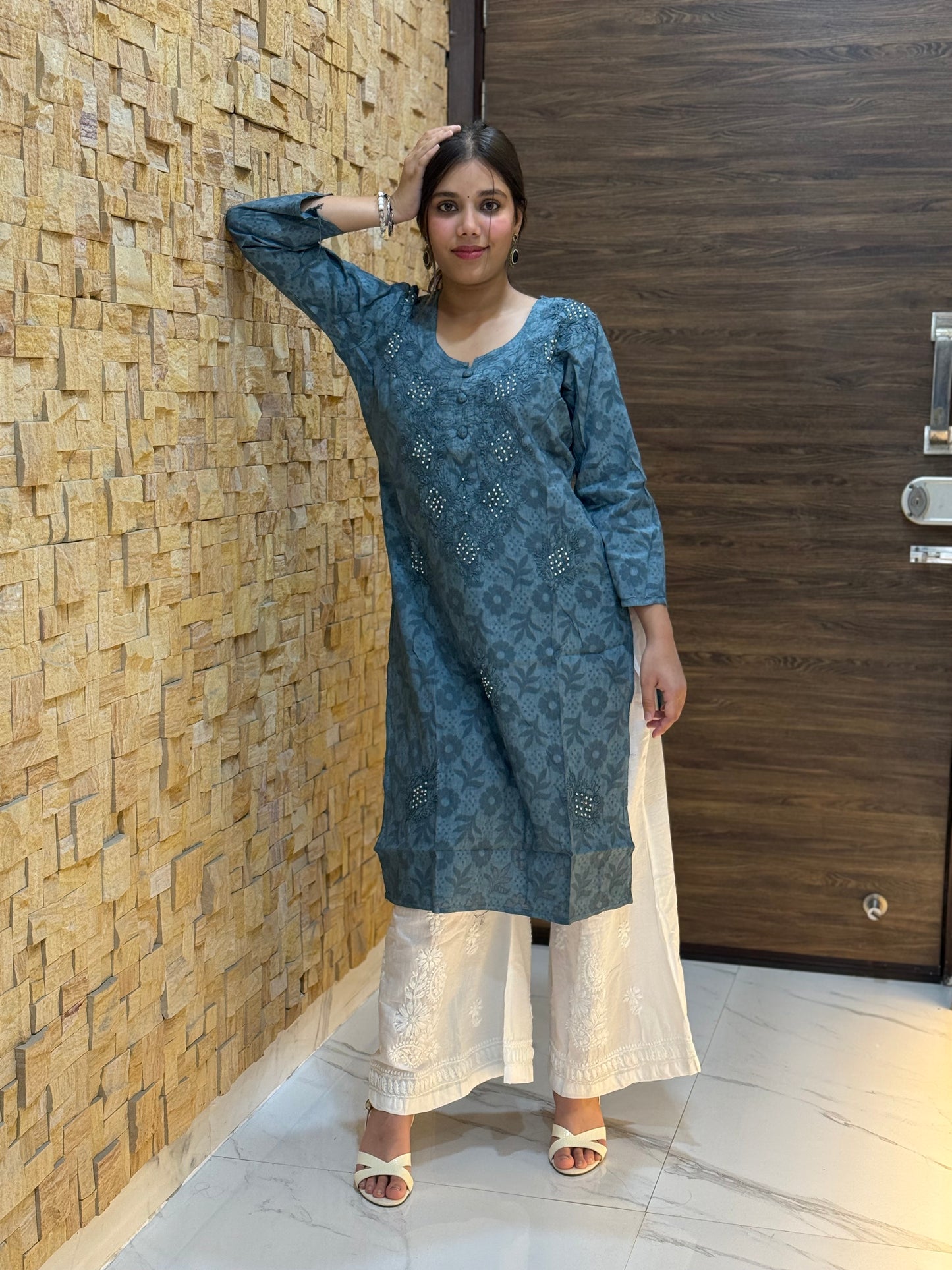 Grey Cotton Chikankari Kurti