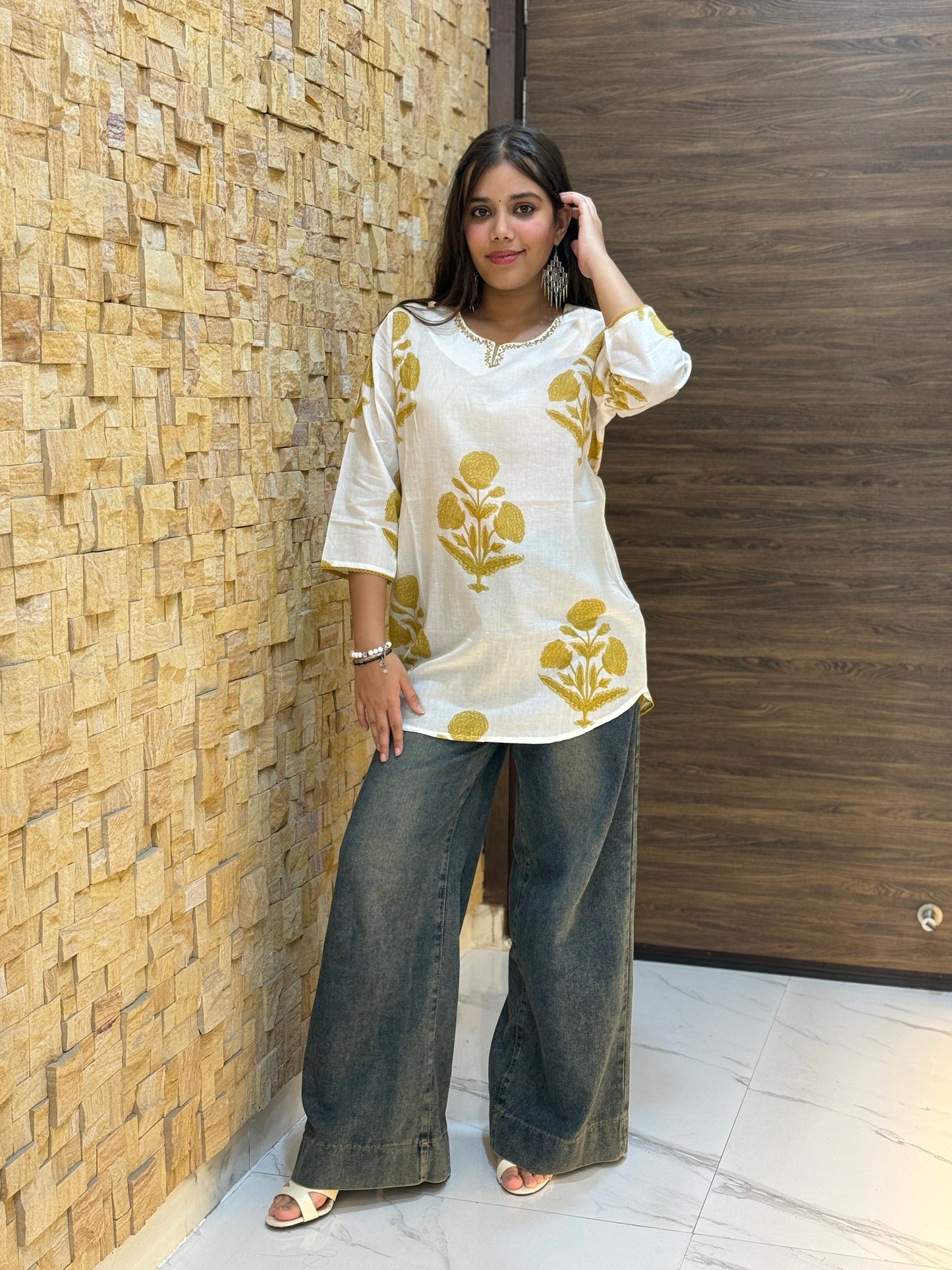 White and Golden Print Short Kurti
