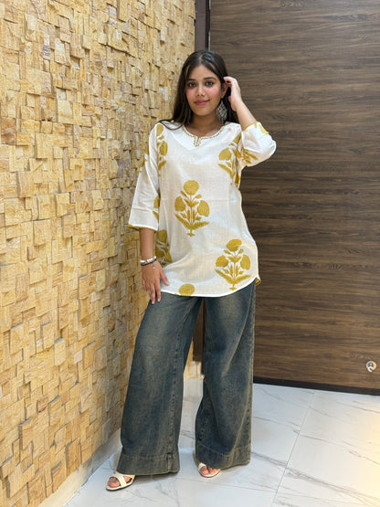 White and Golden Print Short Kurti