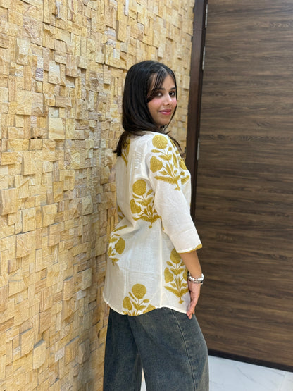 White and Golden Print Short Kurti