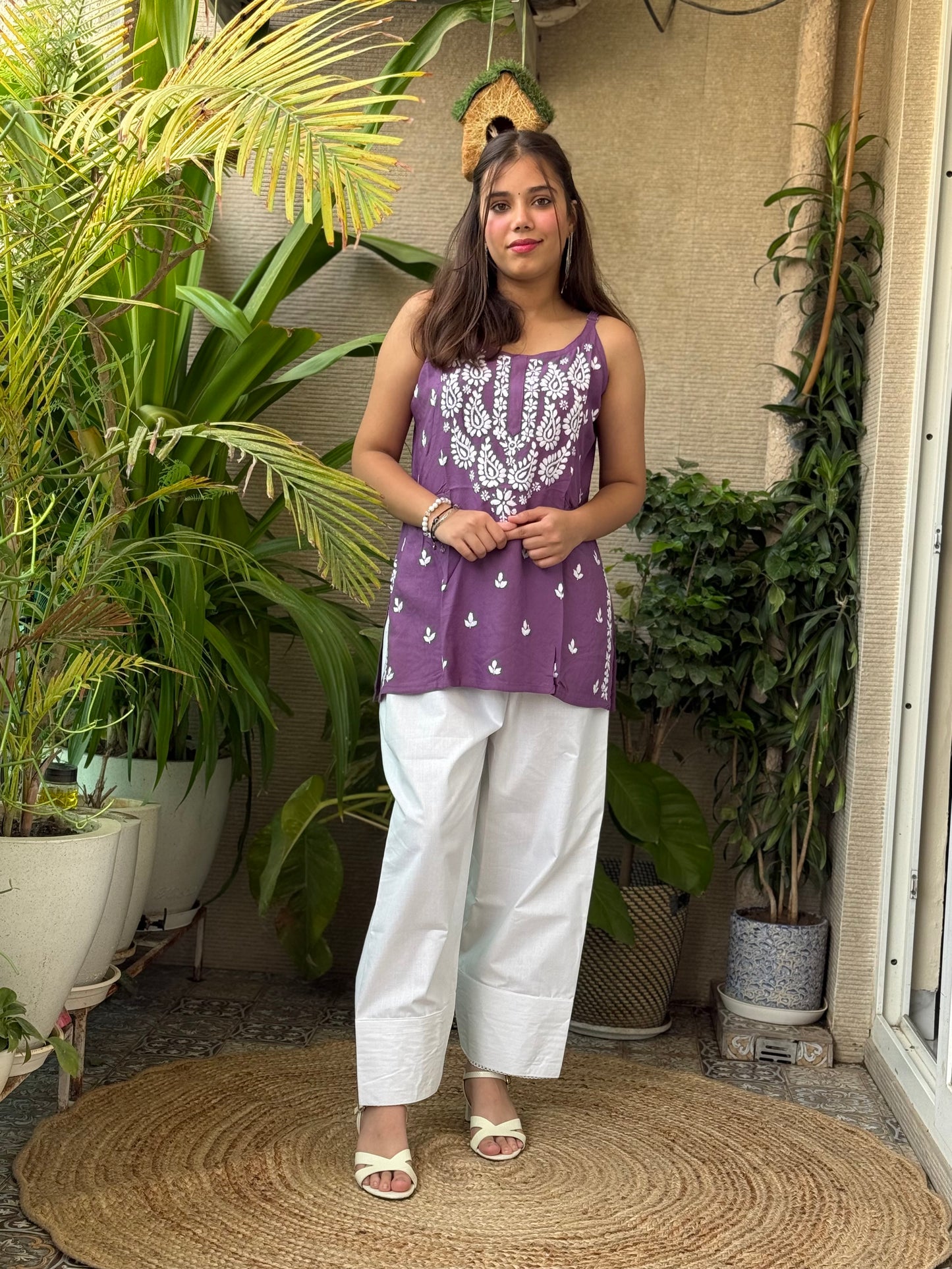 Lavender Noodle Strap Chikankari Short Kurti