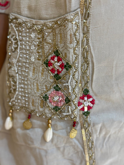 Beige Dola Silk with Pockets and Dupatta Suit Set