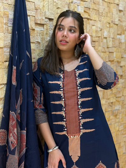 Blue Temple design Cotton Suit Set