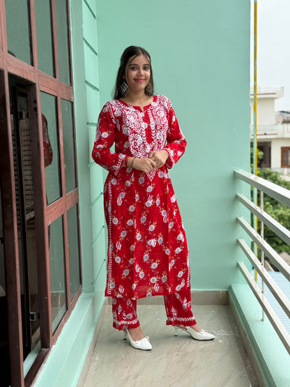 Red Chikankari Malmal Co Ord Set