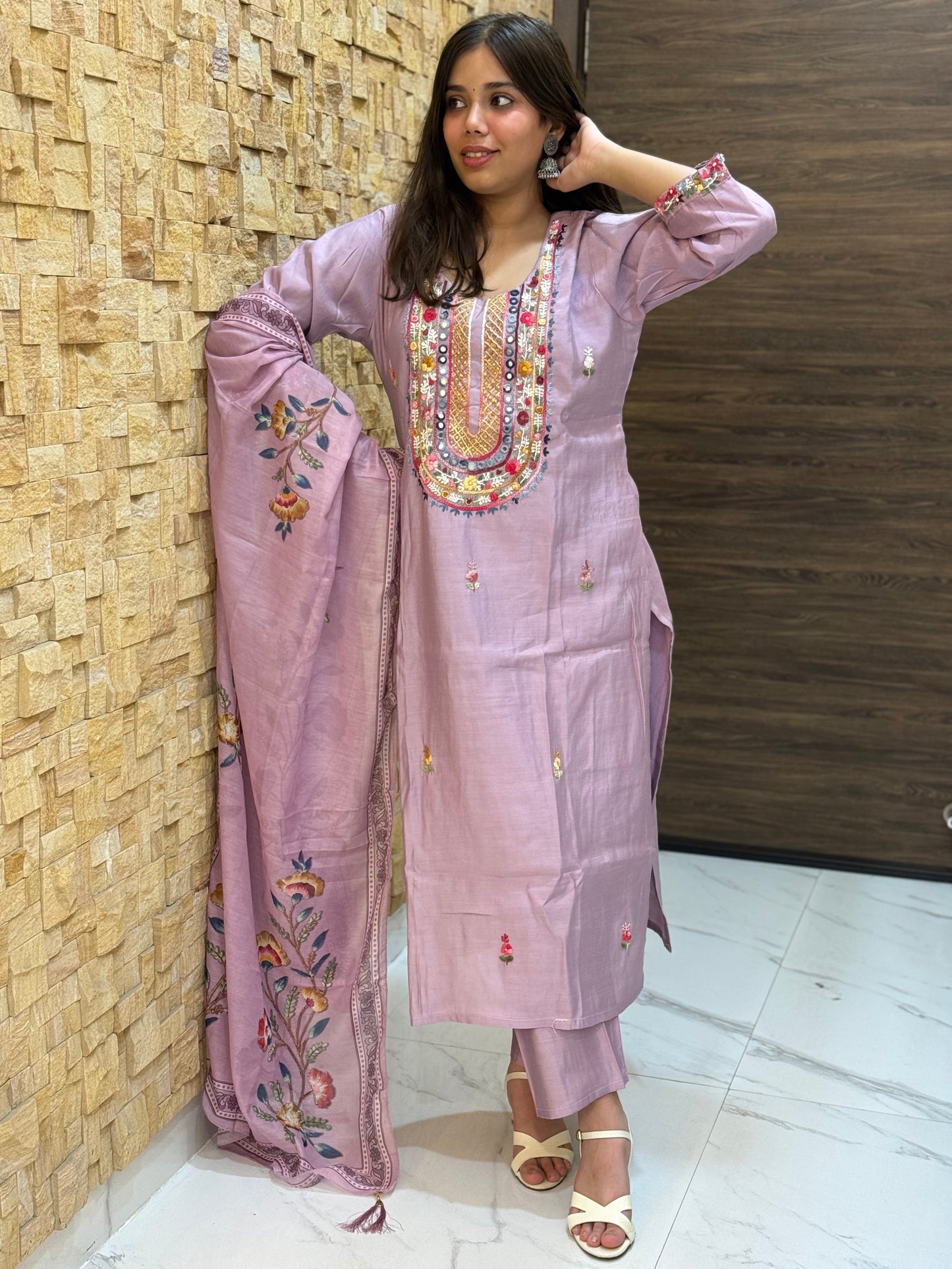 Lavendor Kantha Embroidery Silk with Dupatta Suit Set