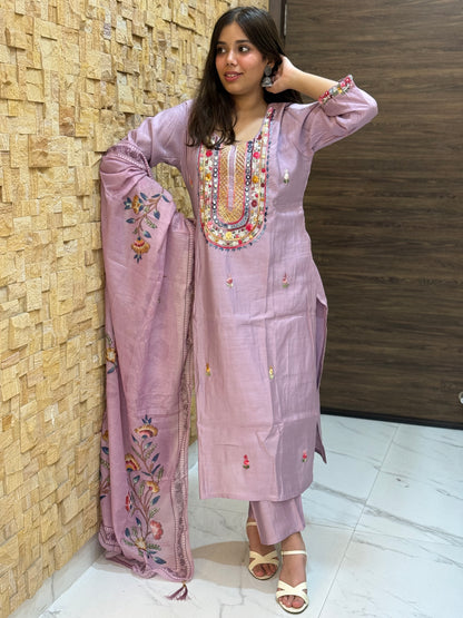 Lavendor Kantha Embroidery Silk with Dupatta Suit Set