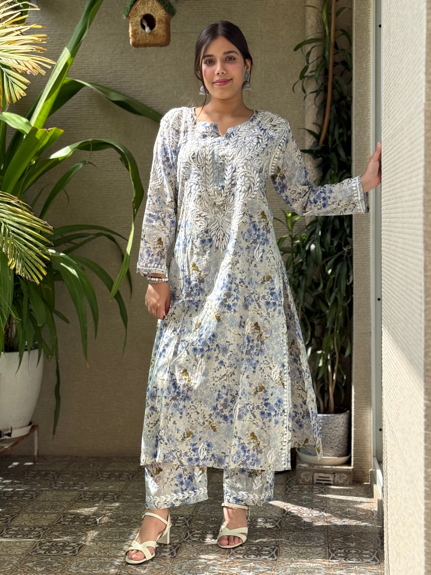 Powder Blue Chikankari Malmal Co Ord Set