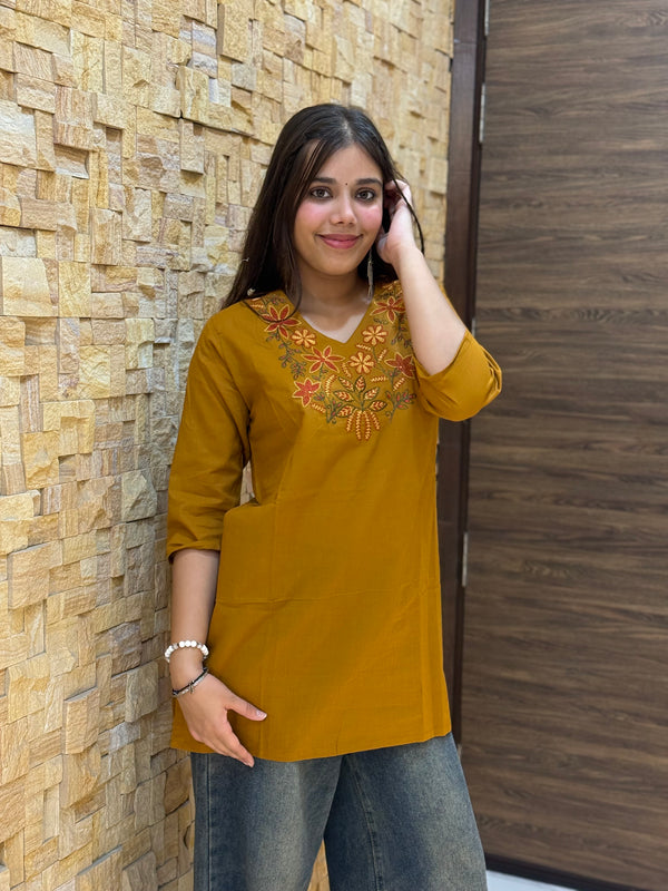 Mustard Cotton with Embroidery Short Kurti