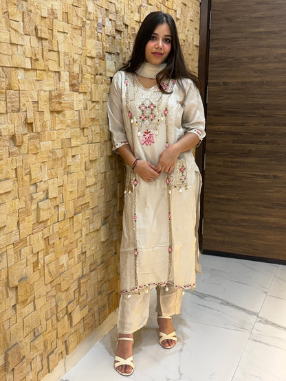 Beige Dola Silk with Pockets and Dupatta Suit Set
