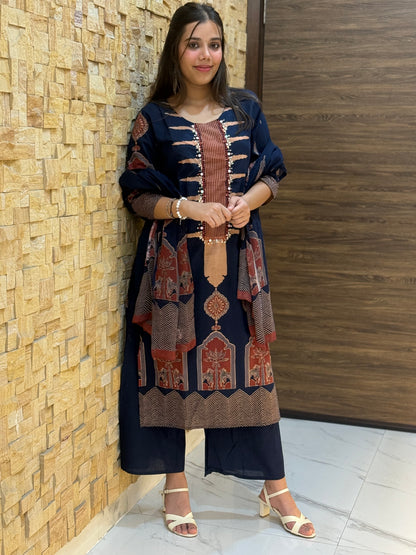 Blue Temple design Cotton Suit Set
