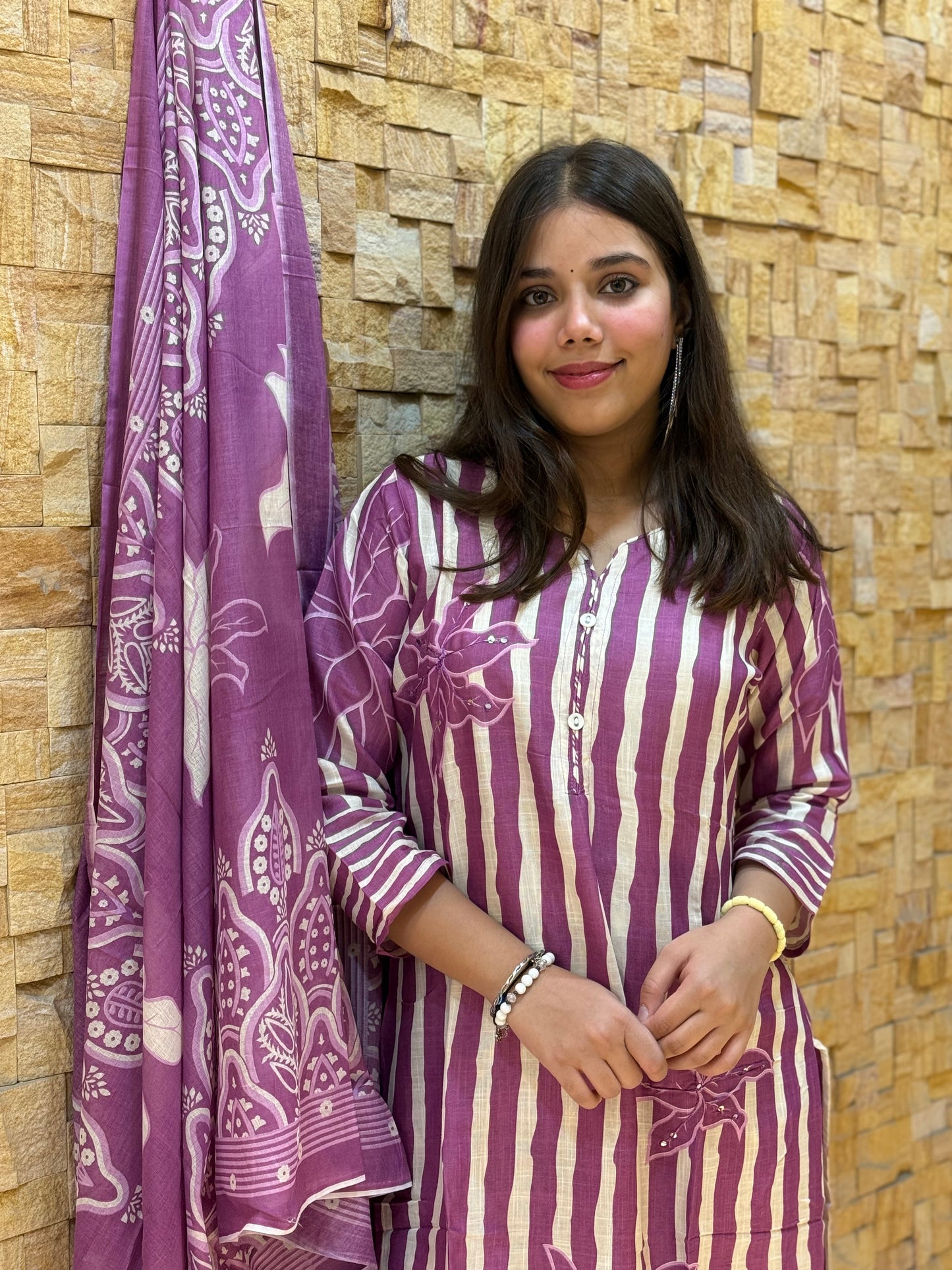 Purple Stripes Digital Print Cotton Suit Set