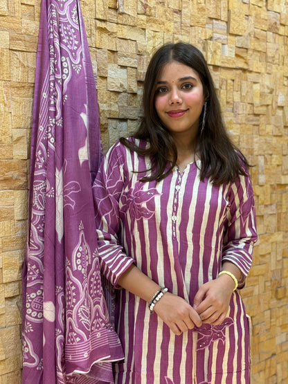 Purple Stripes Digital Print Cotton Suit Set
