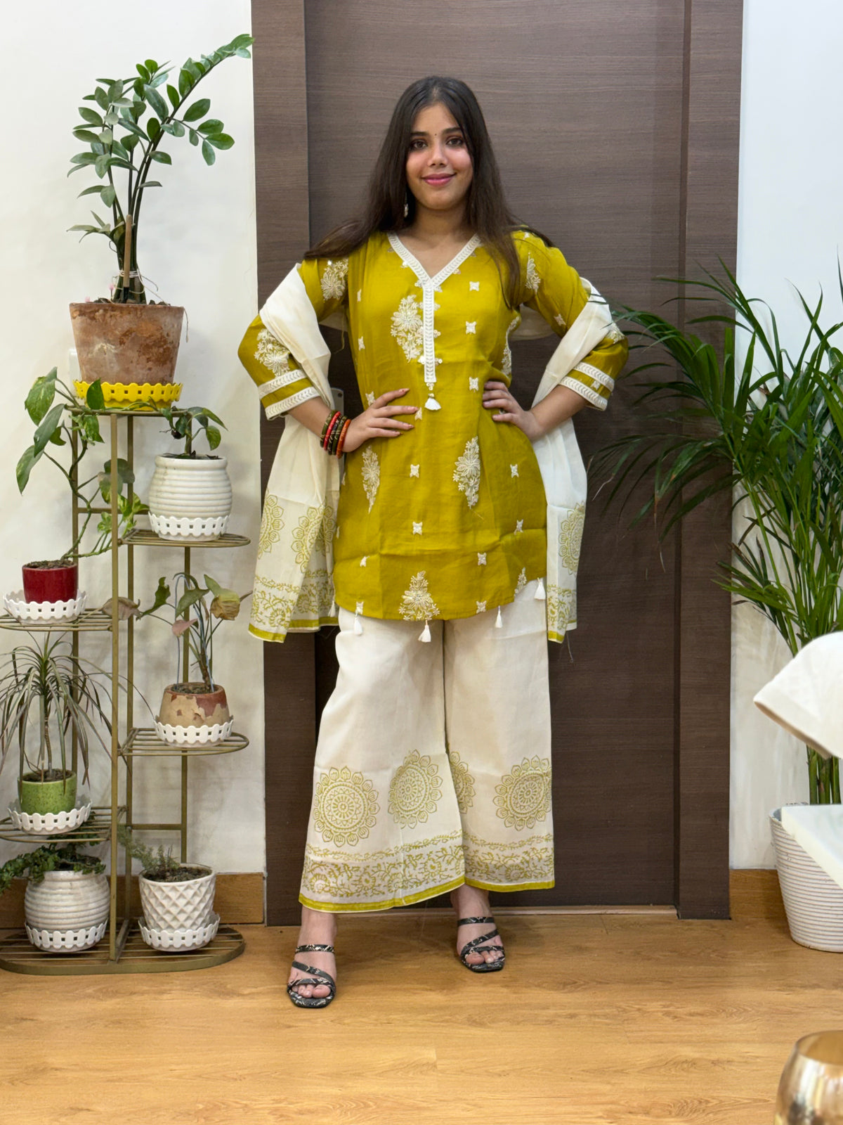 Green Mal Chanderi Palazzo Dupatta Suit Set
