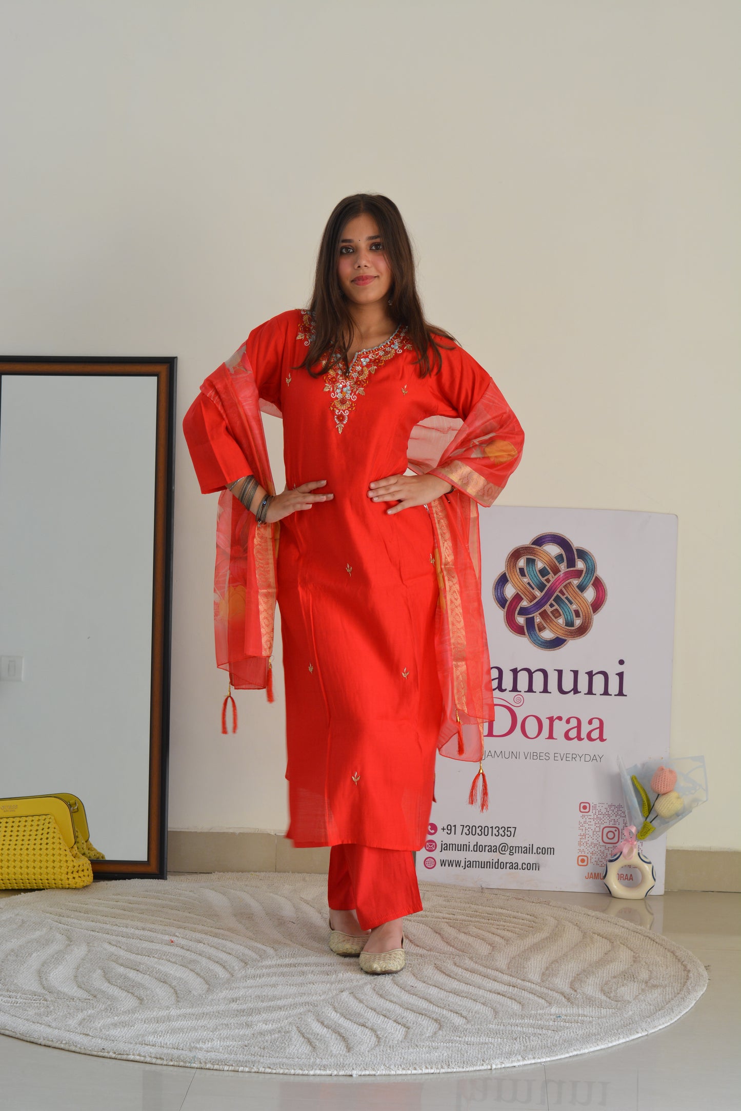 Red Silk with Organza Dupatta Suit Set