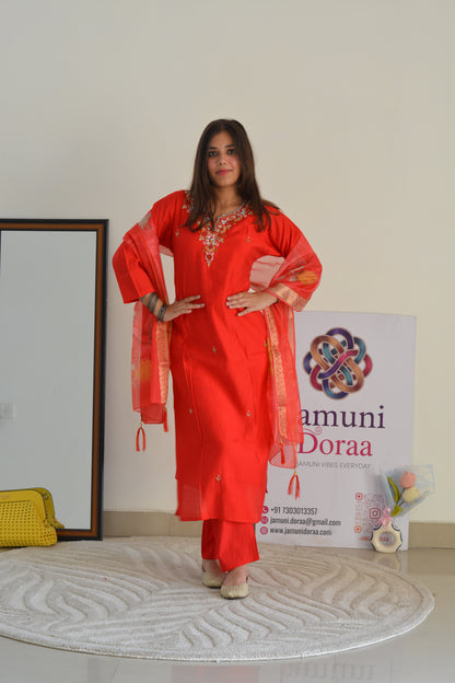Red Silk with Organza Dupatta Suit Set