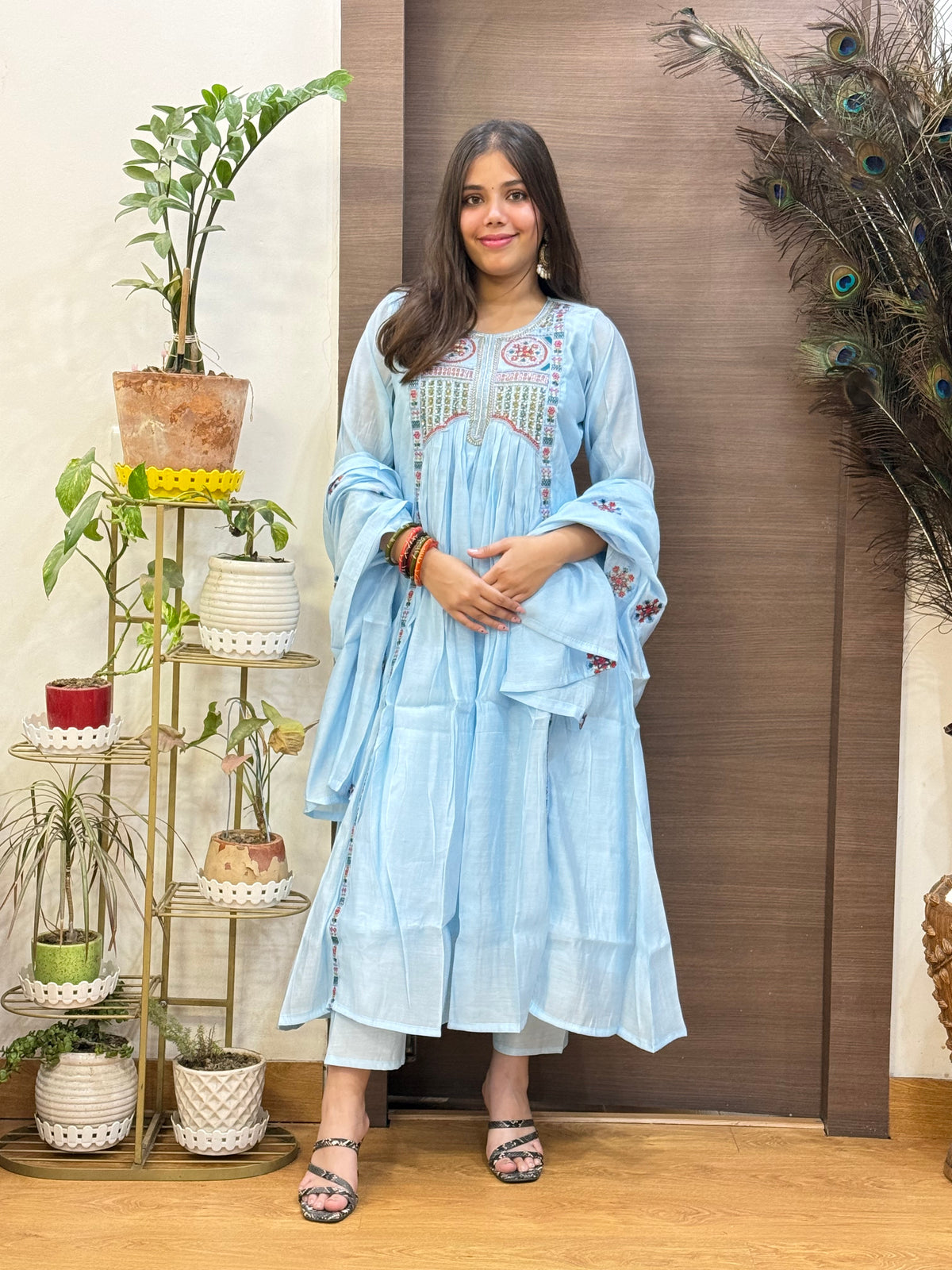 Powder Blue Mal Chanderi Aline Dupatta Suit Set