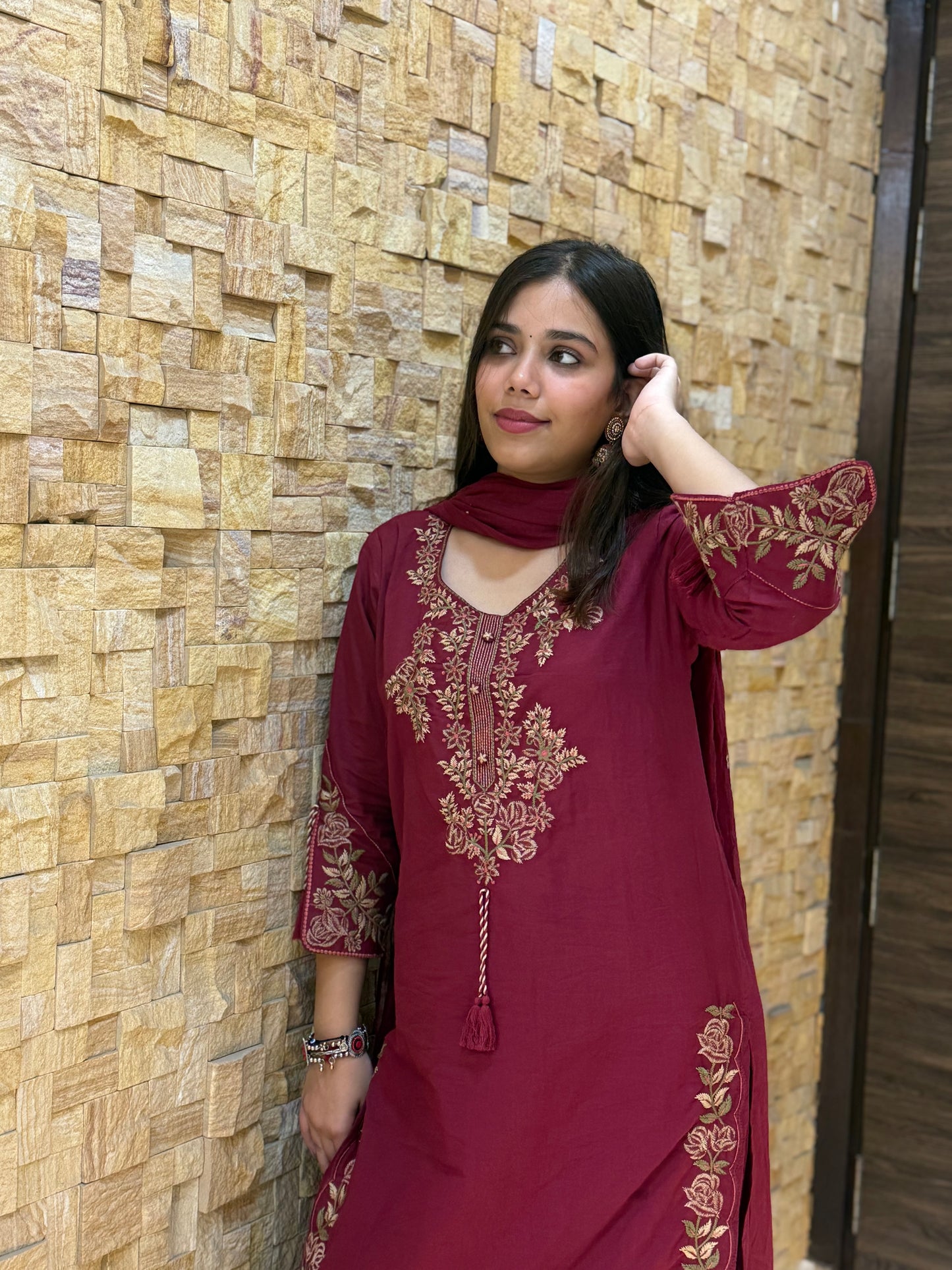 Maroon Pure Cotton Embroidery with Mal Dupatta Suit Set