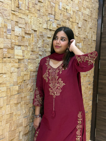 Maroon Pure Cotton Embroidery with Mal Dupatta Suit Set