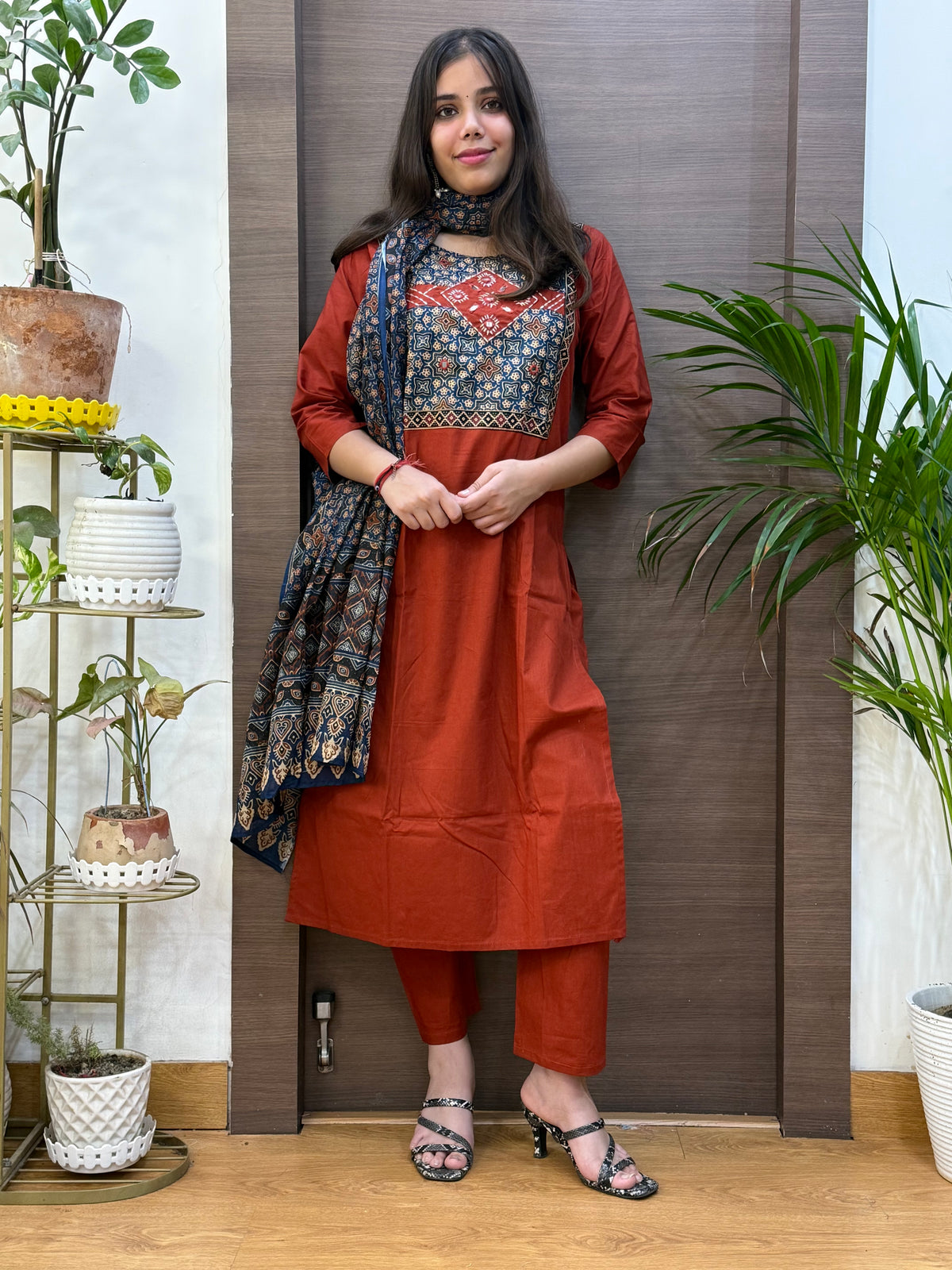 Rust Cotton Ajrakh Dupatta Suit Set