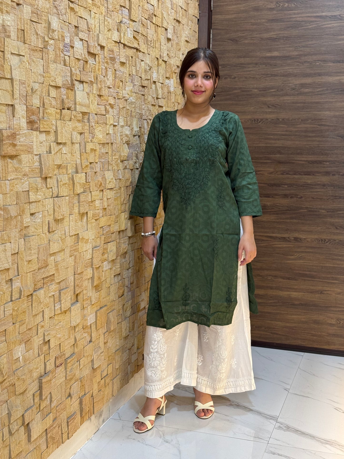 Green Cotton Chikankari Kurti