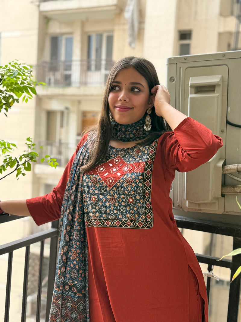 Rust Cotton Ajrakh Dupatta Suit Set