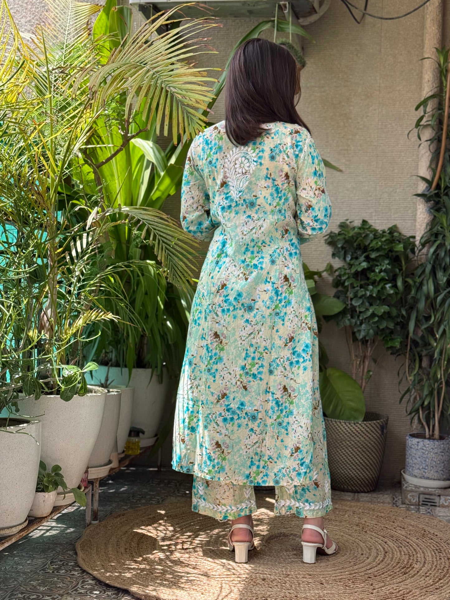 Turquoise Chikankari Malmal Co Ord Set