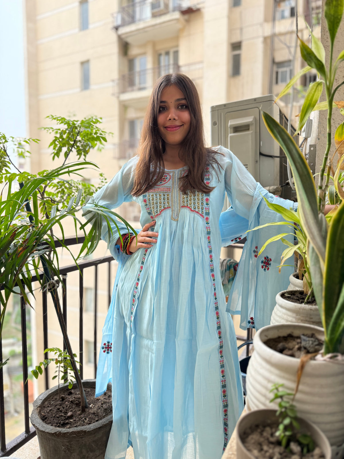 Powder Blue Mal Chanderi Aline Dupatta Suit Set