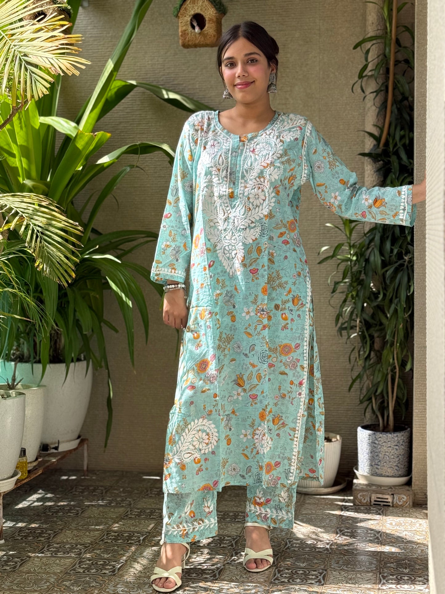 Turquoise Chikankari Malmal Co Ord Set