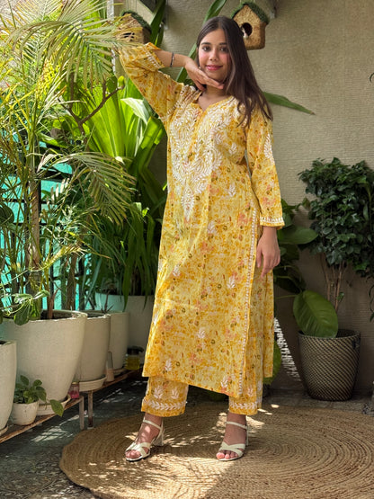 Yellow Chikankari Malmal Co Ord Set